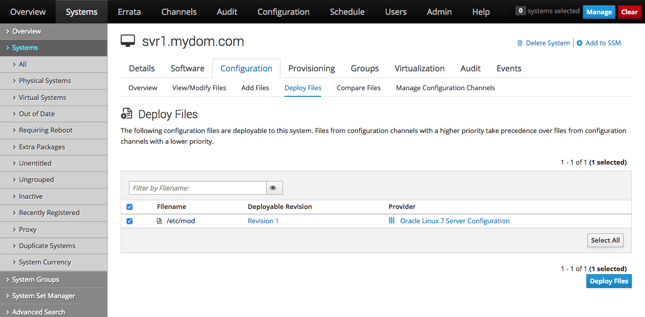 イメージには、Oracle Linux Manager Webインタフェースの「ファイルをデプロイ」ページが表示されます。 イメージには、Oracle Linux Manager Webインタフェースの「ファイルをデプロイ」ページが表示されます。