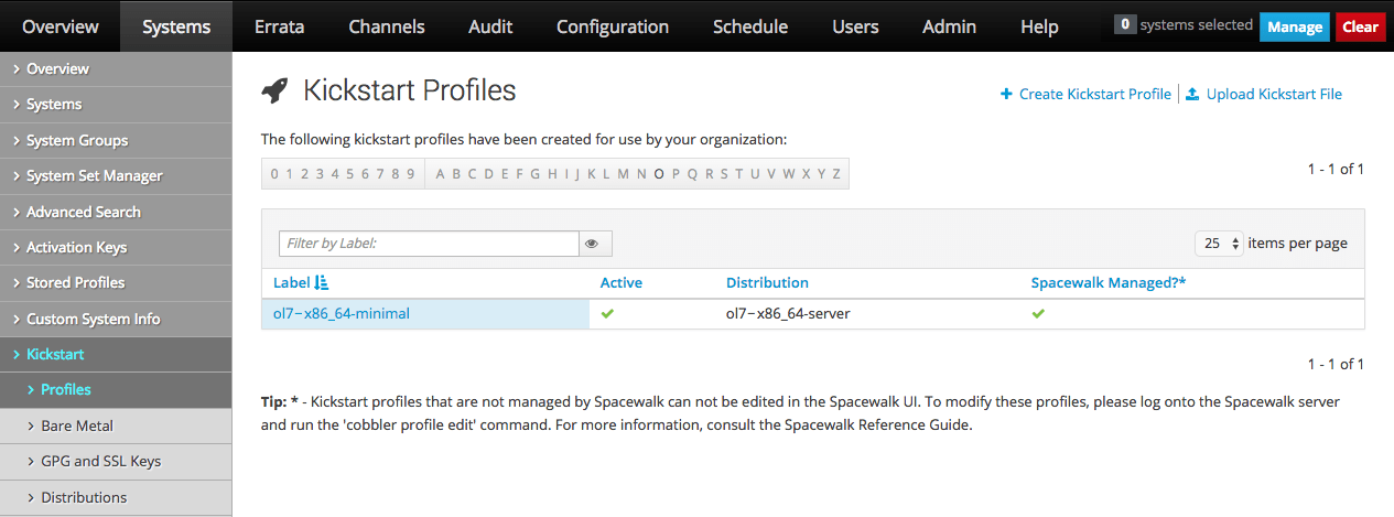 イメージには、Oracle Linux Manager Webインタフェースの「キックスタート可能なプロファイル」ページが表示されます。 イメージには、Oracle Linux Manager Webインタフェースの「キックスタート可能なプロファイル」ページが表示されます。