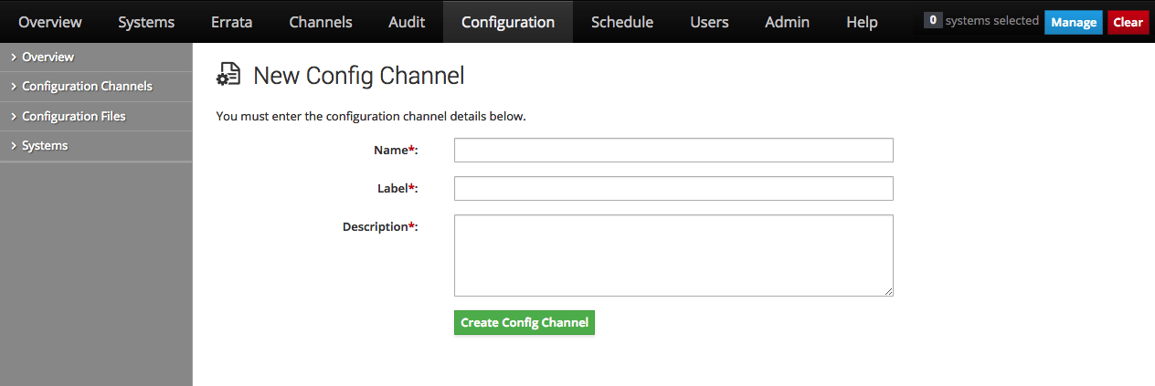 イメージには、Oracle Linux Manager Webインタフェースの「新しい構成チャネル」ページが表示されます。 イメージには、Oracle Linux Manager Webインタフェースの「新しい構成チャネル」ページが表示されます。