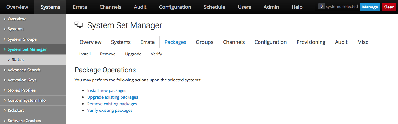 イメージには、Oracle Linux Manager Webインタフェースの「パッケージ操作」ページが表示されます。 イメージには、Oracle Linux Manager Webインタフェースの「パッケージ操作」ページが表示されます。