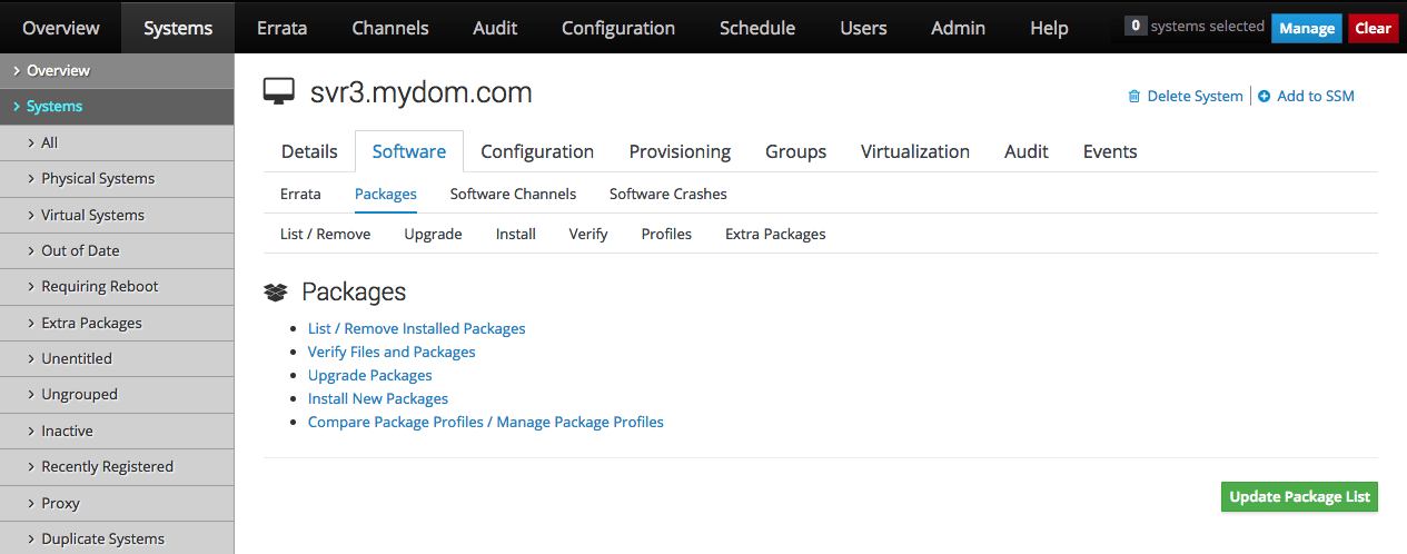 このイメージは、Oracle Linux Manager webインタフェースのパッケージ・ページを示しています。 このイメージは、Oracle Linux Manager webインタフェースのパッケージ・ページを示しています。