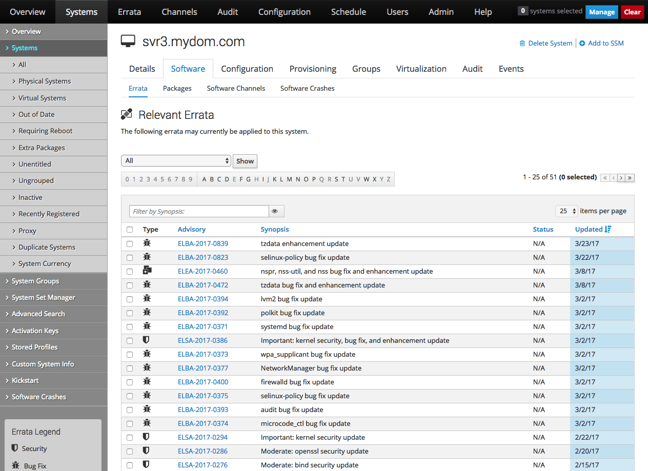 イメージには、Oracle Linux Manager Webインタフェースの「関連するエラータ」ページが表示されます。 イメージには、Oracle Linux Manager Webインタフェースの「関連するエラータ」ページが表示されます。