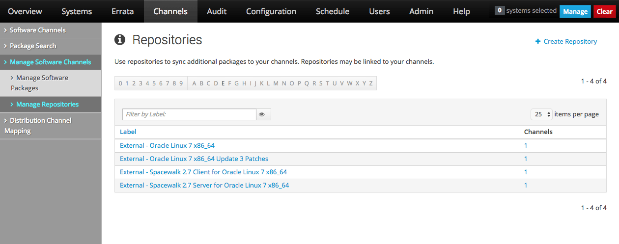 このイメージは、Oracle Linux Manager webインタフェースのRepositoriesページを示しています。 このイメージは、Oracle Linux Manager webインタフェースのRepositoriesページを示しています。
