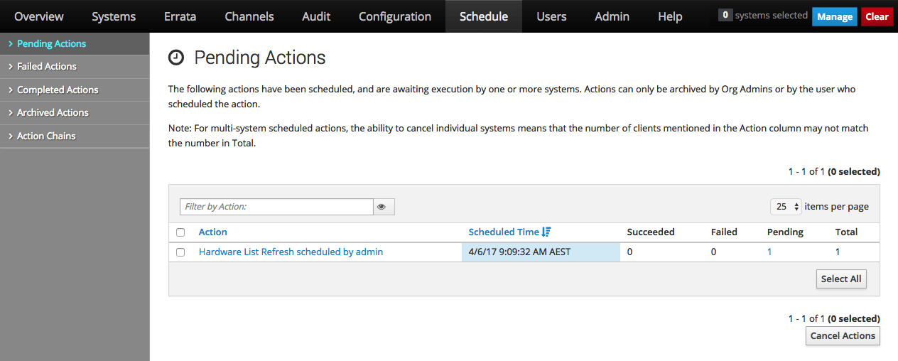 イメージには、Oracle Linux Manager Webインタフェースの「保留中のアクション」ページが表示されます。 イメージには、Oracle Linux Manager Webインタフェースの「保留中のアクション」ページが表示されます。
