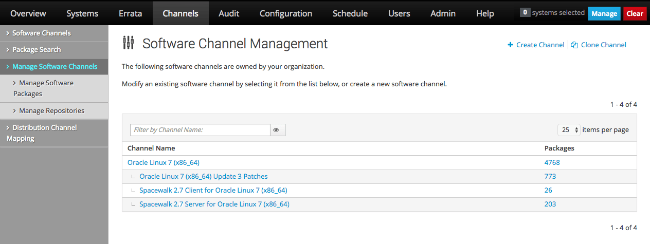 イメージには、Oracle Linux Manager Webインタフェースの「ソフトウェア・チャネル管理」ページが表示されます。 イメージには、Oracle Linux Manager Webインタフェースの「ソフトウェア・チャネル管理」ページが表示されます。