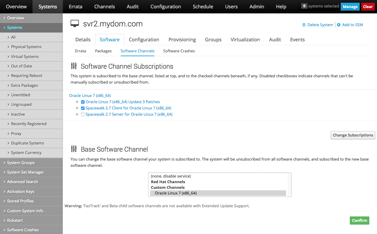 イメージには、Oracle Linux Manager Webインタフェースの「ソフトウェア・チャネルのサブスクリプション」ページが表示されます。 イメージには、Oracle Linux Manager Webインタフェースの「ソフトウェア・チャネルのサブスクリプション」ページが表示されます。