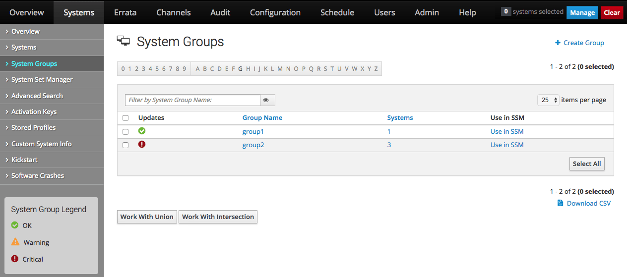 イメージには、Oracle Linux Manager Webインタフェースの「システム・グループ」ページが表示されます。 イメージには、Oracle Linux Manager Webインタフェースの「システム・グループ」ページが表示されます。
