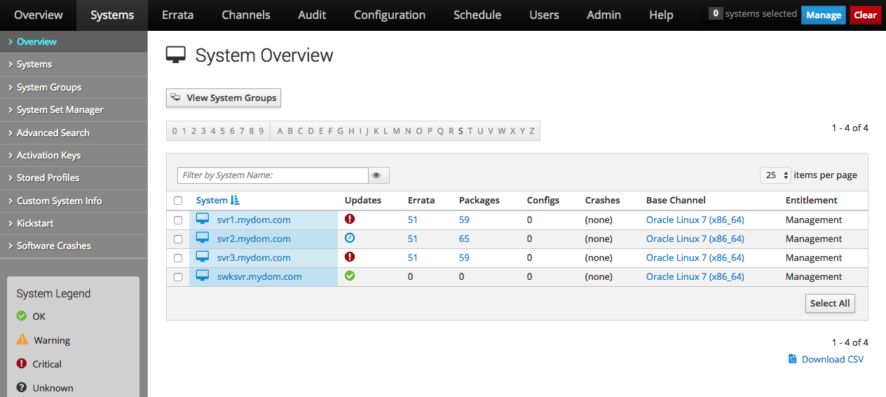 イメージには、Oracle Linux Manager Webインタフェースの「システムの概要」ページが表示されます。 イメージには、Oracle Linux Manager Webインタフェースの「システムの概要」ページが表示されます。