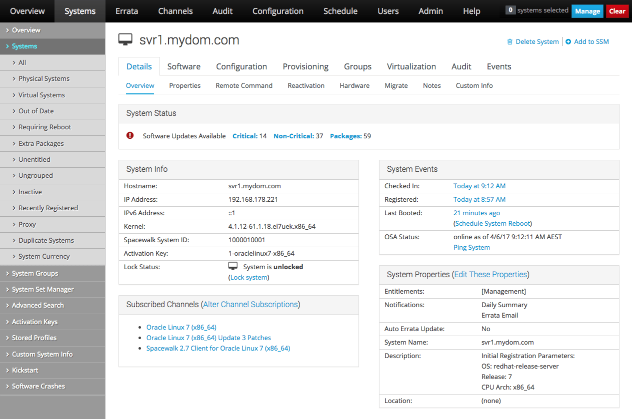 イメージには、Oracle Linux Manager Webインタフェースの「システム・ステータス」ページが表示されます。 イメージには、Oracle Linux Manager Webインタフェースの「システム・ステータス」ページが表示されます。