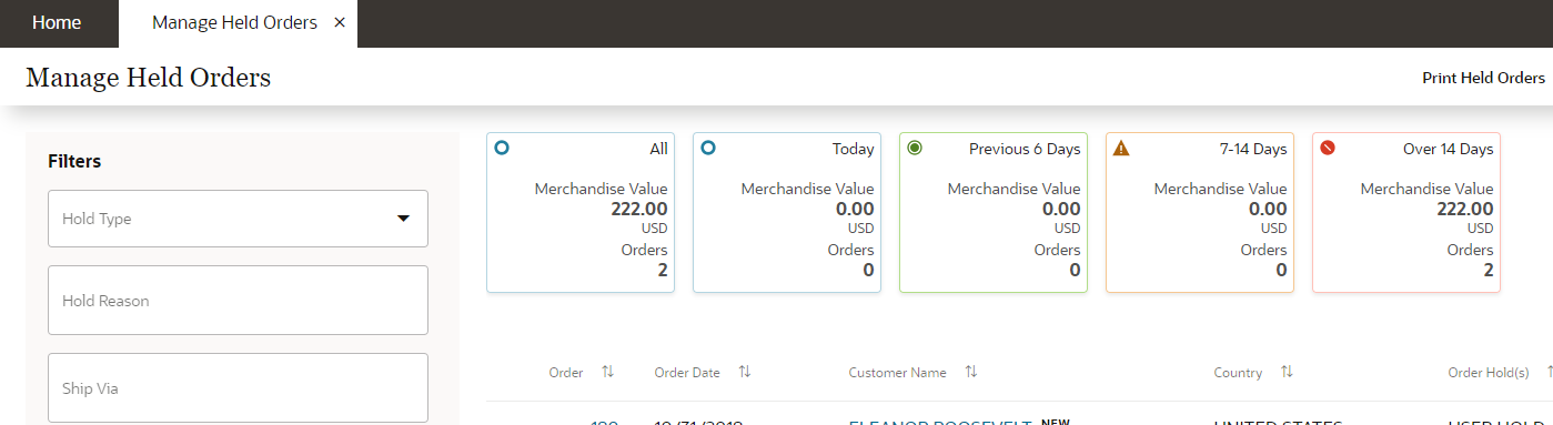 Illustrates the Manage Held Orders page.