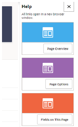 illustrates the 3 options available in the Help Drawer to select the Page Overview, Page Options, or Fields on This Page.