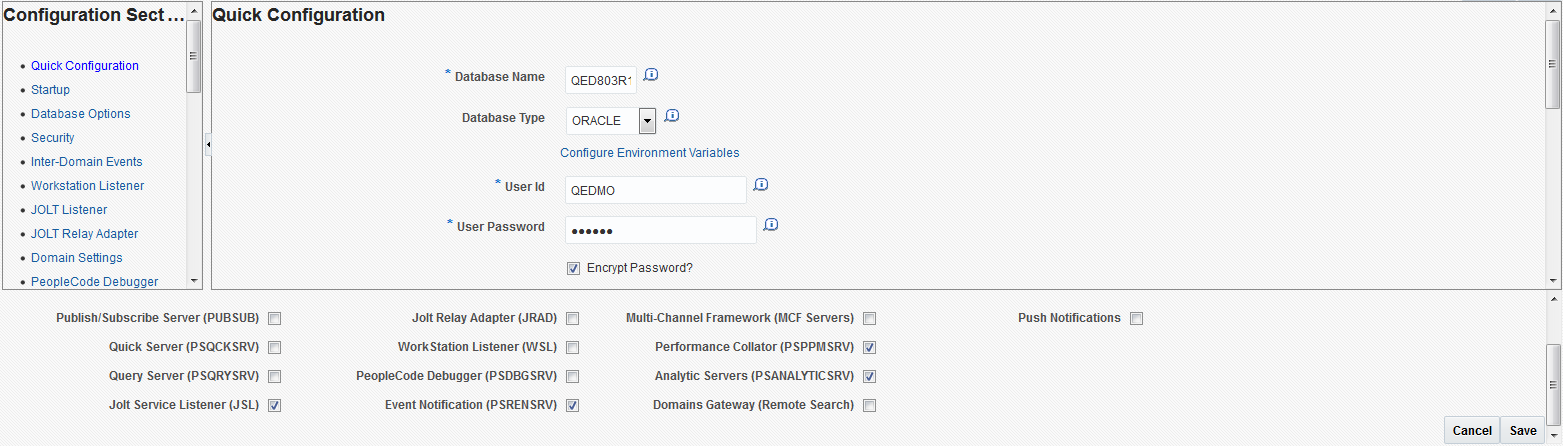 PS Application Server Domain Targets - Quick Configuration page