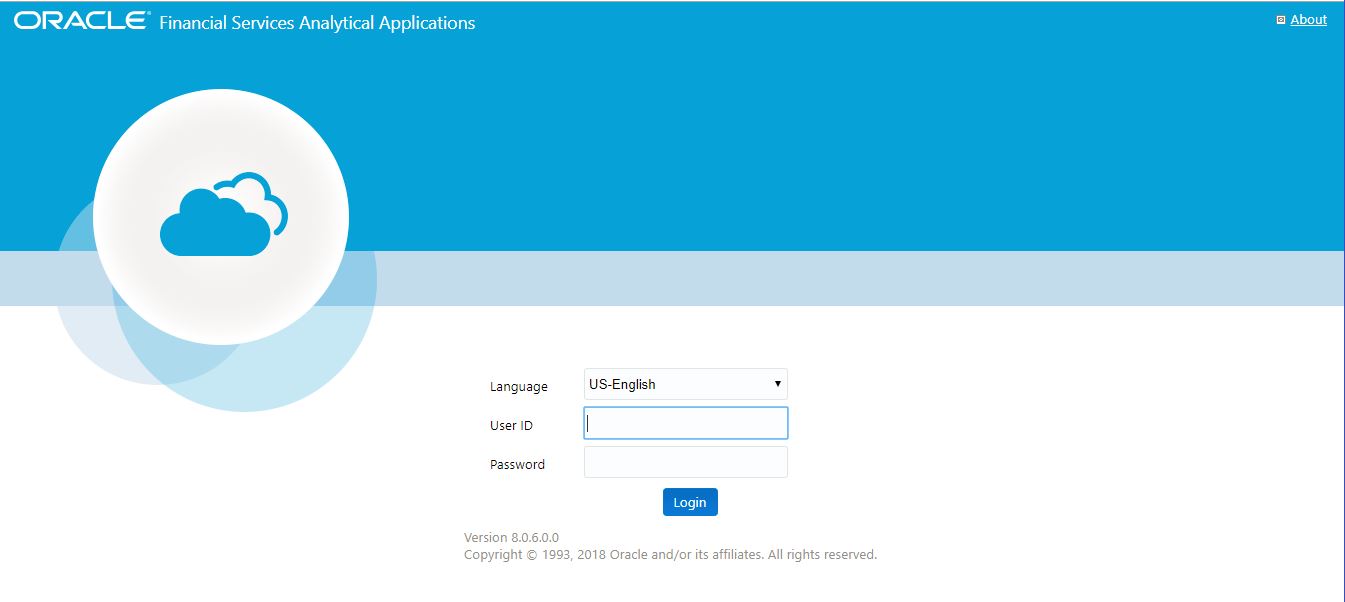 This illustration shows the login page for the OFSAAI application. You can select the required Language, enter valid User ID and Password, and then click Login.
