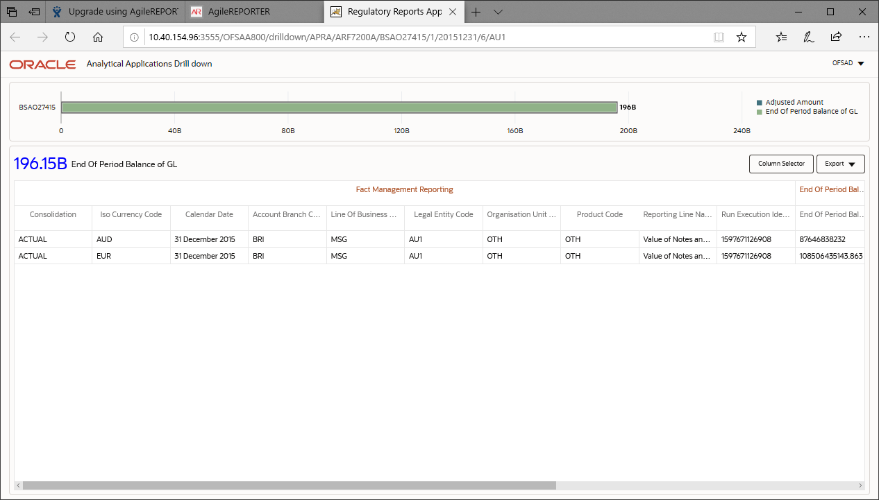This illustration shows the amount reported in a Drill Down cell.
