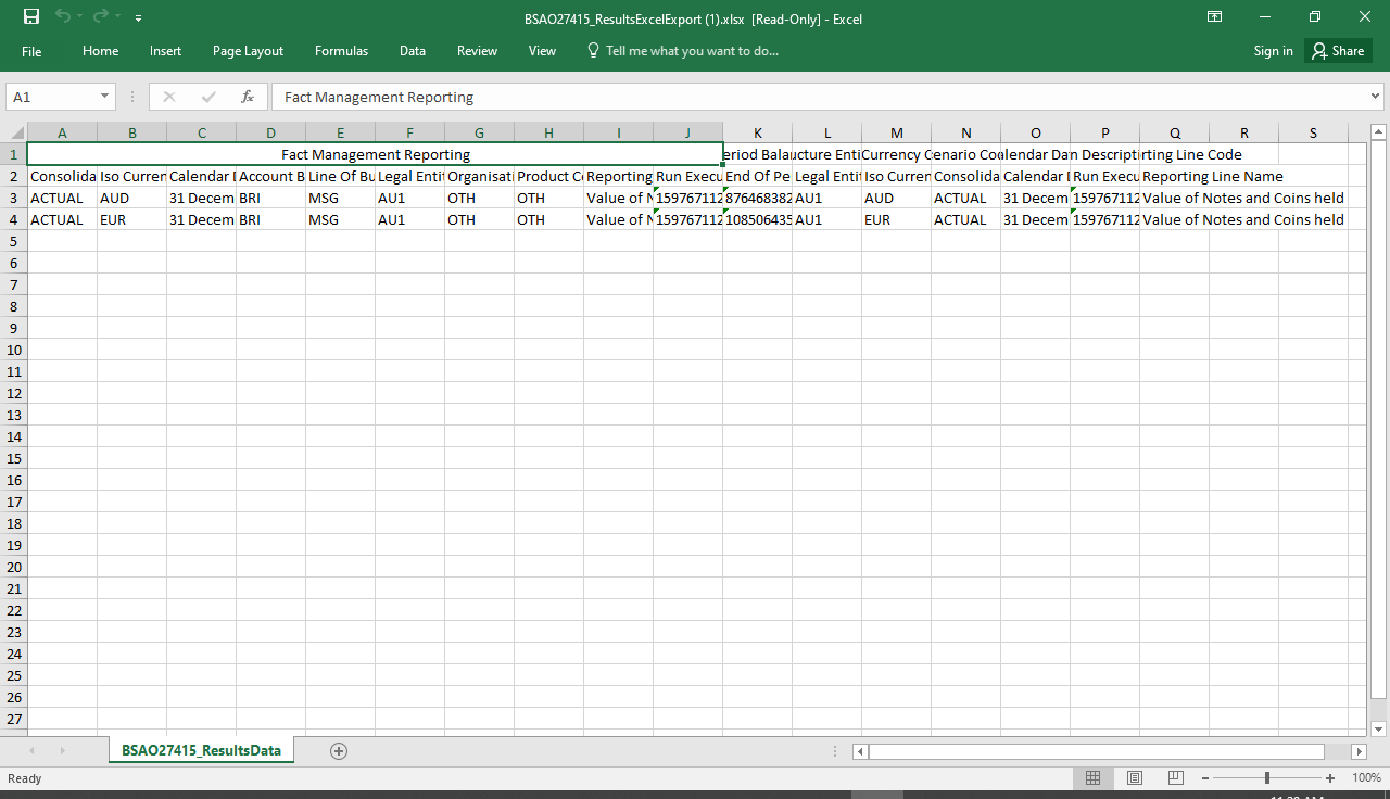 This illustration shows the details of the exported report such as Calendar, Account, Line of Business and so on.