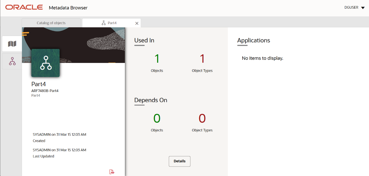 This illustration shows the Reporting Metadata schedule details such as Depends on, Used In and Applications.