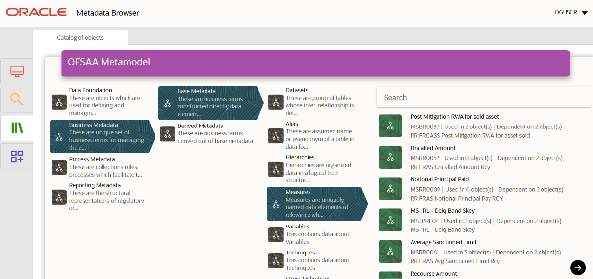 This illustration shows the Metadata Browser Business Metadata Measure View navigation steps. Starting from the Catalog of Objects, then selecting OFSAA Metamodel, then selecting Business Metadata, then Base Metadata and then selecting Measures.