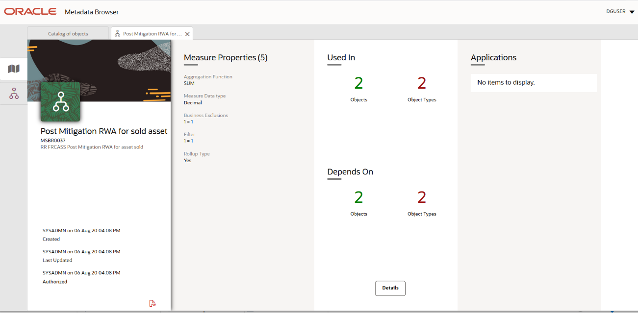 This illustration shows the Business Metadata measure details such as Depends on, Used In and Applications.