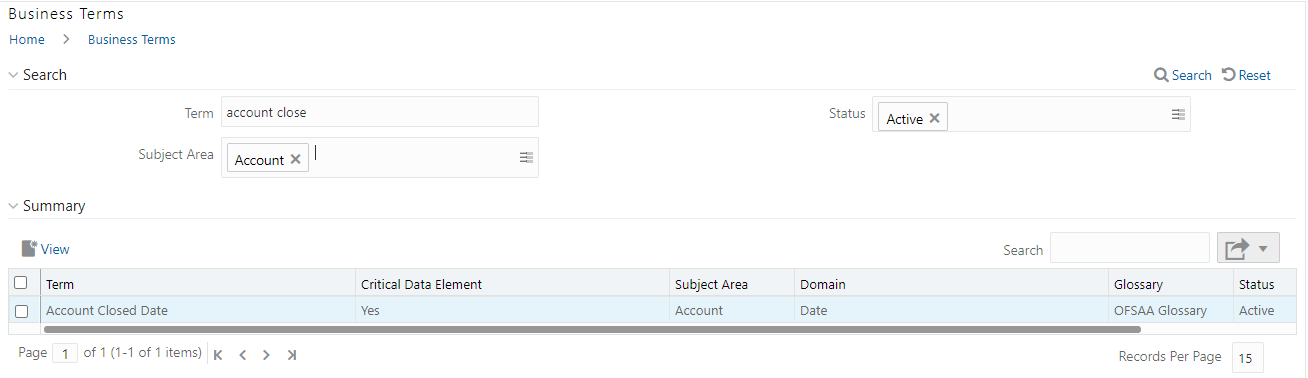 This illustration shows the search results in Business Terms.