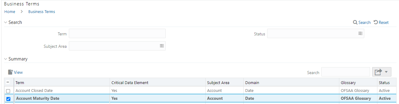 This illustration shows the View icon to select and View a Business Term.