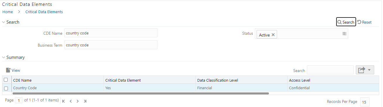 This illustration shows the search results of Critical Data Element.