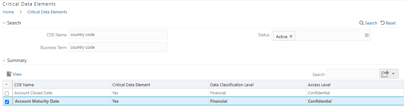 This illustration shows View icon to select and View a Critical Data Element .