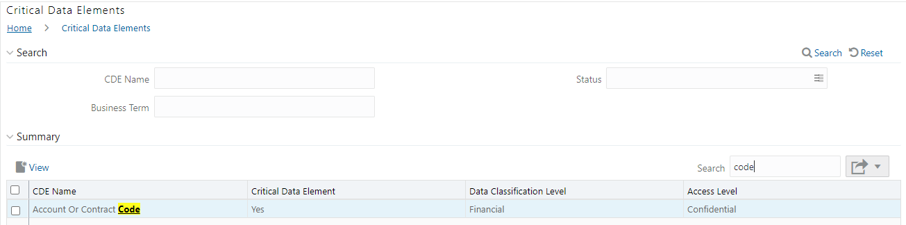 This illustration shows the summary table which lists the results with the matching keyword.