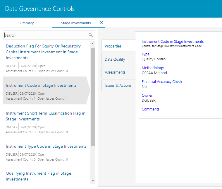 This illustration shows the Data Governance Controls � Stage investments Governance Controls details.