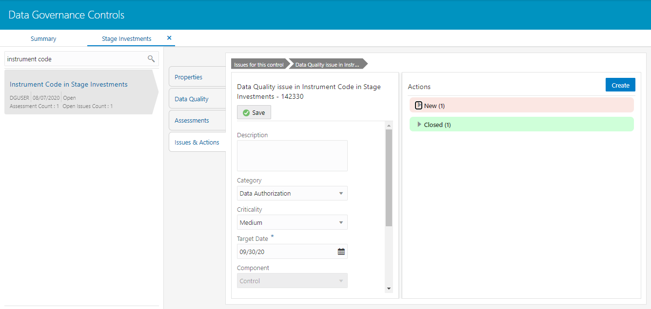 This illustration displays the actions details after the required issue is selected.