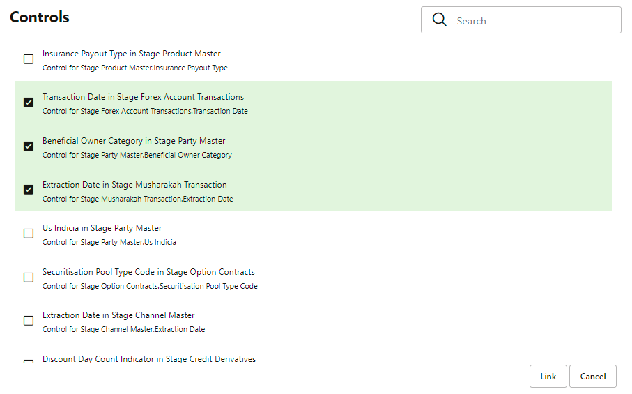 This illustration shows Control window with the control details that can be linked to the issue.