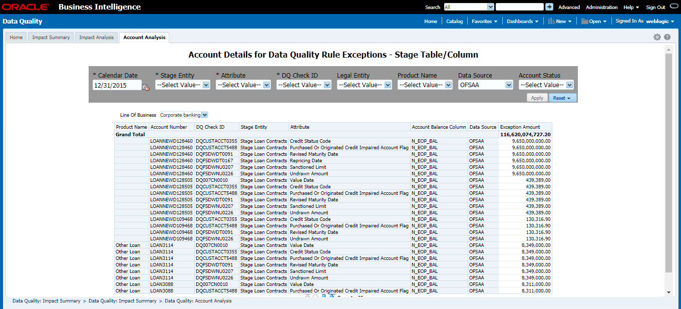 This illustration displays the Account Number associated and the Exception Amount for the Account Balance based on the Data Source.