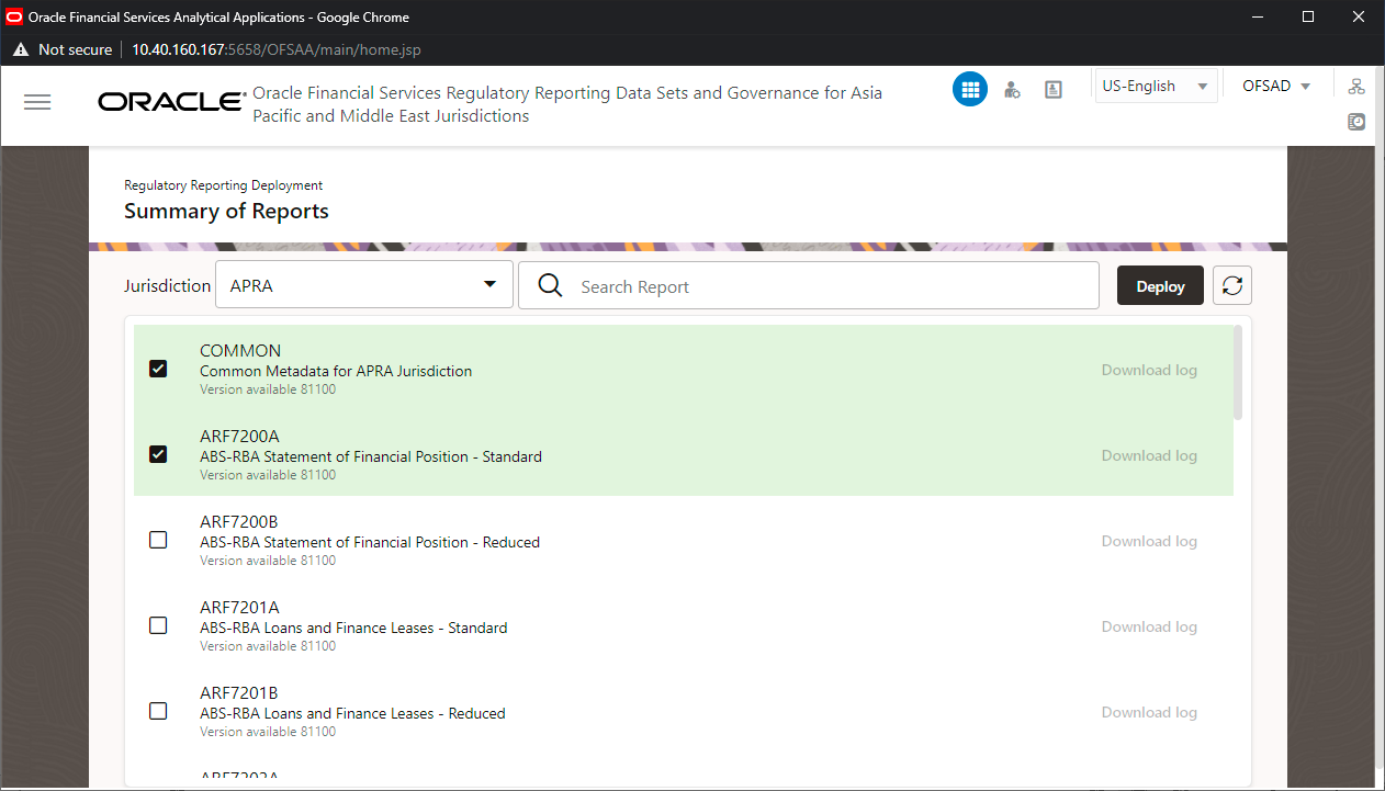 Description of the Report Selection Page follows This illustration shows the list of reports selected for deployment.