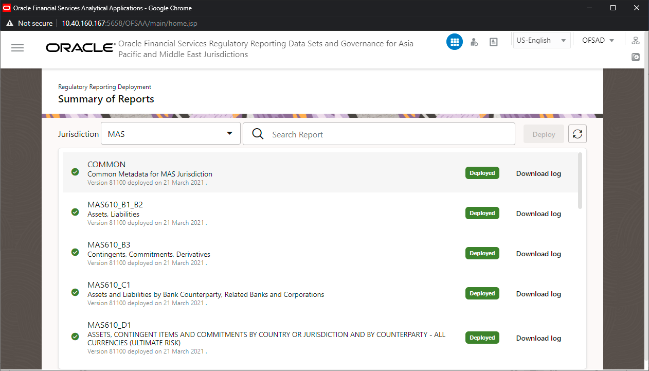 Description of Successful Deployment of Regulatory Report page follows This illustration shows the list of reports that are deployed successfully.