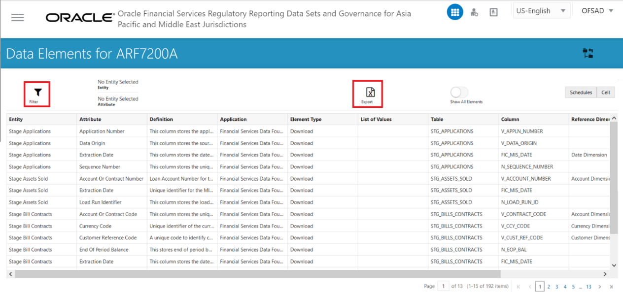 This illustration shows the Data Elements screen with Filter and Export options.