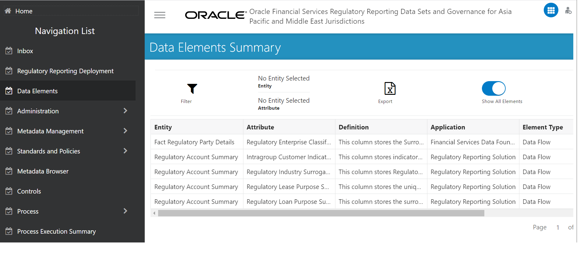 This illustration shows the Data Elements screen with Filter and Export options.