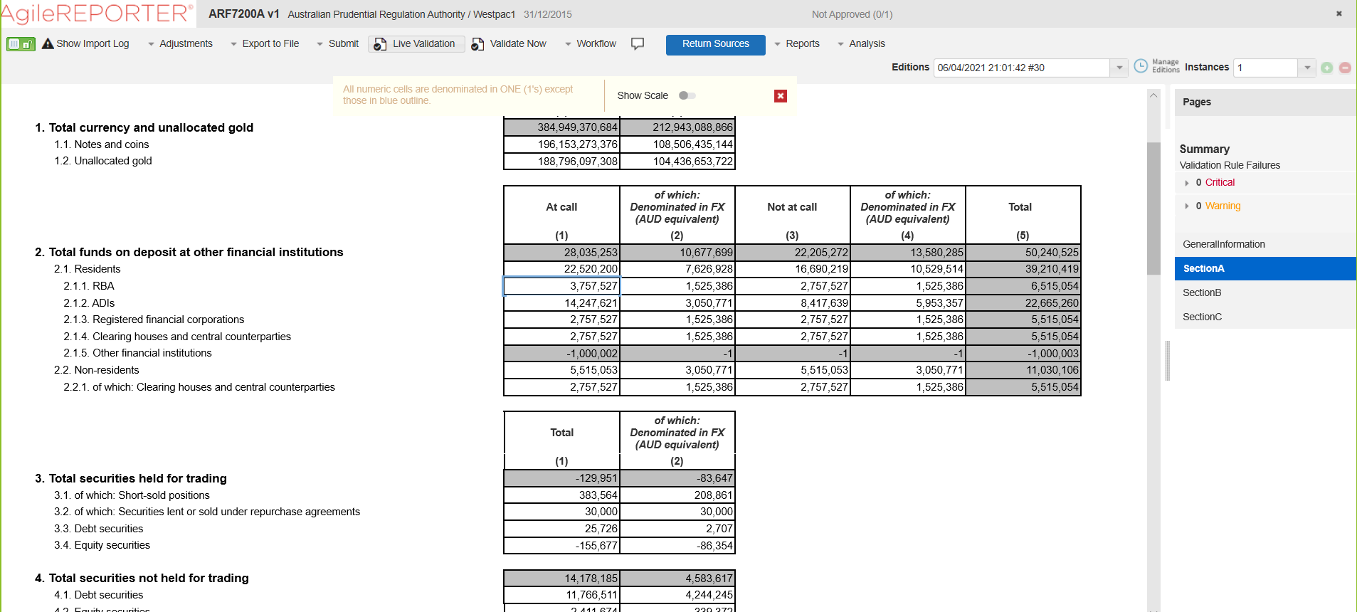 This illustration shows the Adjustment Feature page for the identified cell in AgileREPORTER.