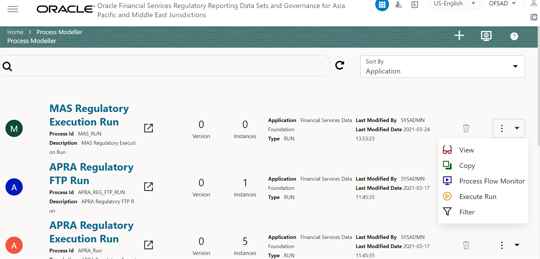 Description of Process Modeler Run Execution Screen This illustration provides information on the list of run pipelines that must be verified.