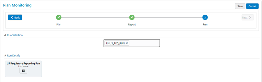 Title: Description of Plan Monitoring - Run page follows - Description: This illustration shows Plan Monitoring - Run selection window. Select the Run from the drop-down. The selected Run is displayed under Run Details.