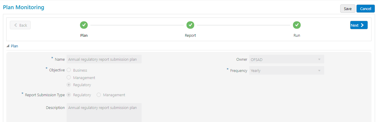 Description of Plan Monitoring Create page follows This illustration shows Plan Monitoring View Page. The selected tasks can be seen in the Task List in the Plan Monitoring window. The fields are not editable.