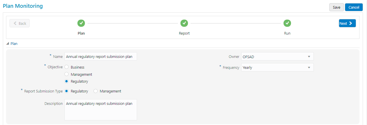 Description of Plan Monitoring Create page follows This illustration shows Plan Monitoring Edit Page. The selected tasks can be seen in the Task List in the Plan Monitoring window. To edit an existing plan, in the Plan Monitoring summary window, click the Edit icon. Edit the required fields and then click Save