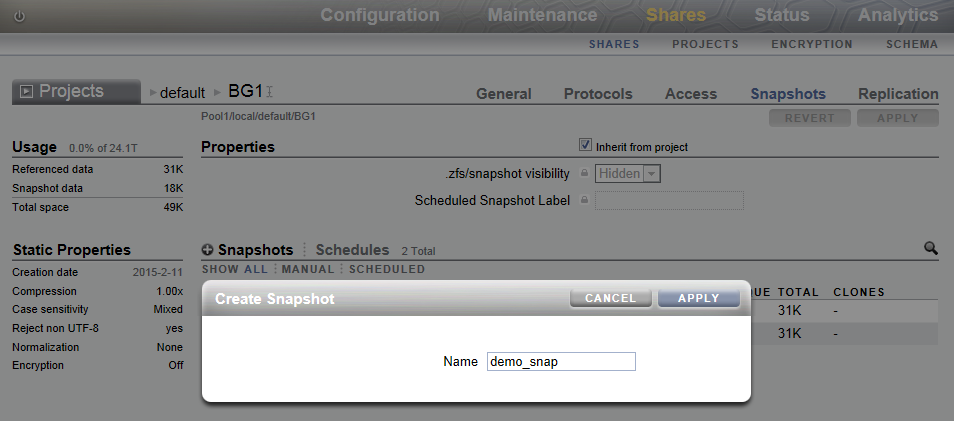 image:BUI Shares(BUI 공유)의 Snapshots(스냅샷) 페이지에 팝업되는 스냅샷 이름에 대한 필드가 있는 Create Snapshot(스냅샷 만들기) 대화 상자를 보여주는 이미지