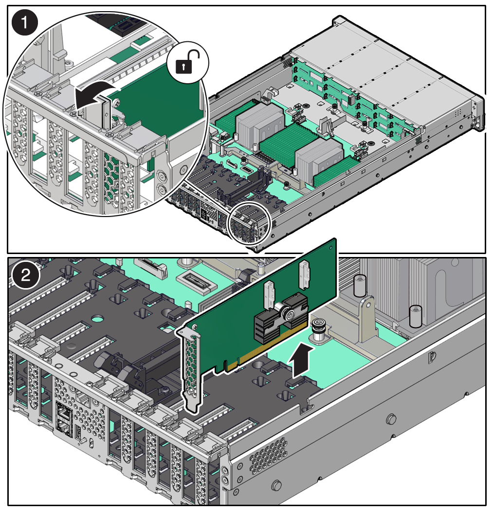 image:PCIe 카드를 서버에서 분리하는 모습을 보여주는 그림입니다.