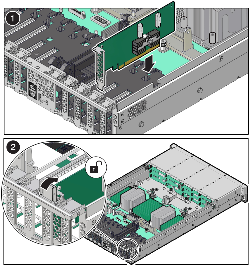 image:PCIe 카드를 컨트롤러에 설치하는 모습을 보여주는 그림입니다.