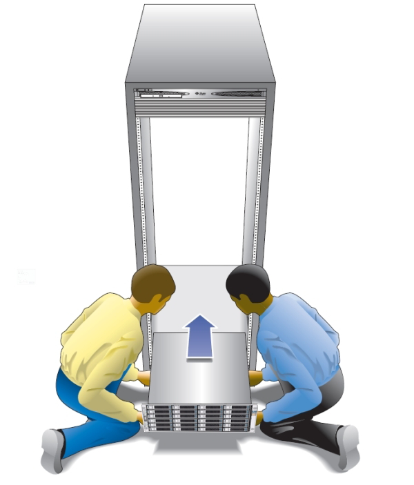 image:Illustration présentant la manière adéquate pour deux personnes d'insérer une étagère de disques dans un rack