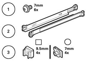 image:Pièces du kit de rails comprenant les écrous à cage à trous carrés et circulaires