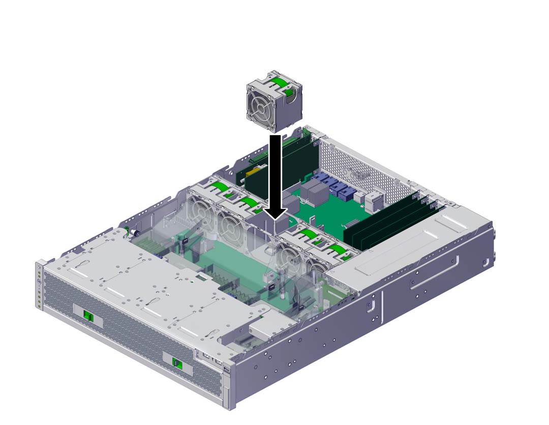 image:L'illustration montre l'installation du module de ventilateur.