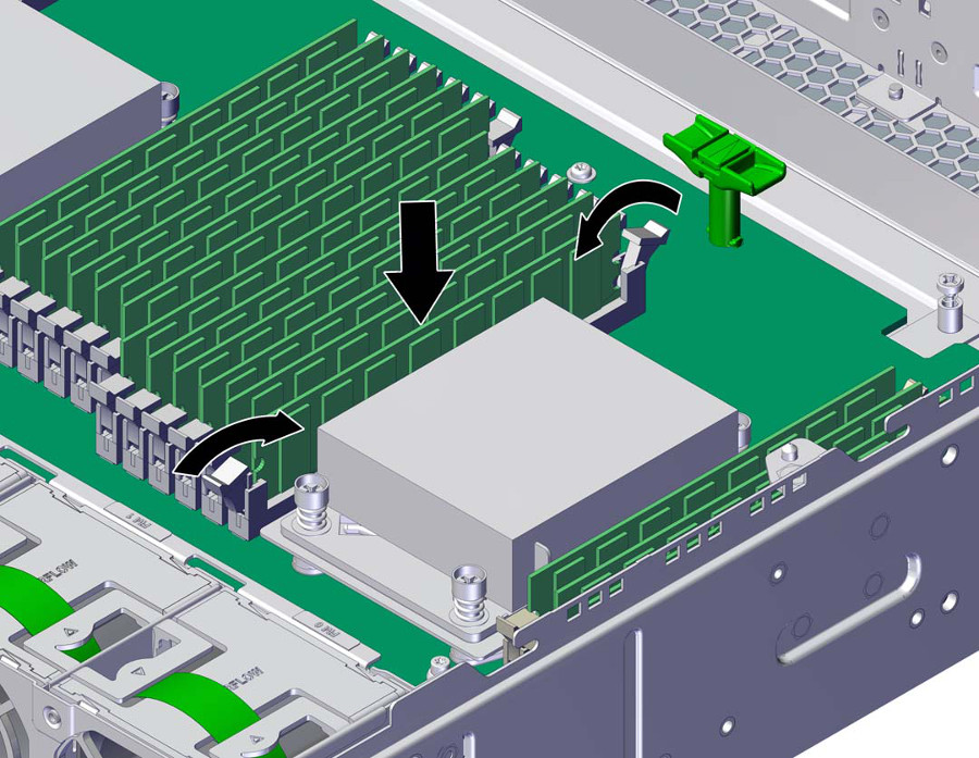 image:L'illustration montre l'installation du module DIMM jusqu'au verrouillage des leviers.