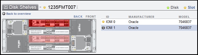 image:image de la sélection d'une ligne d'emplacement IOM d'étagère de disques et de la mise en évidence du module IOM correspondant dans l'illustration du châssis