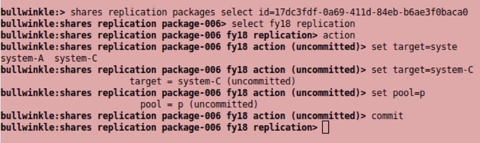 image:Imagen de la creación de una acción en un paquete de replicación mediante la CLI