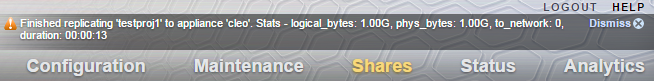 image:Figura en la que se muestra una alerta de finalización de una actualización de replicación en la parte superior de la ventana de la BUI.